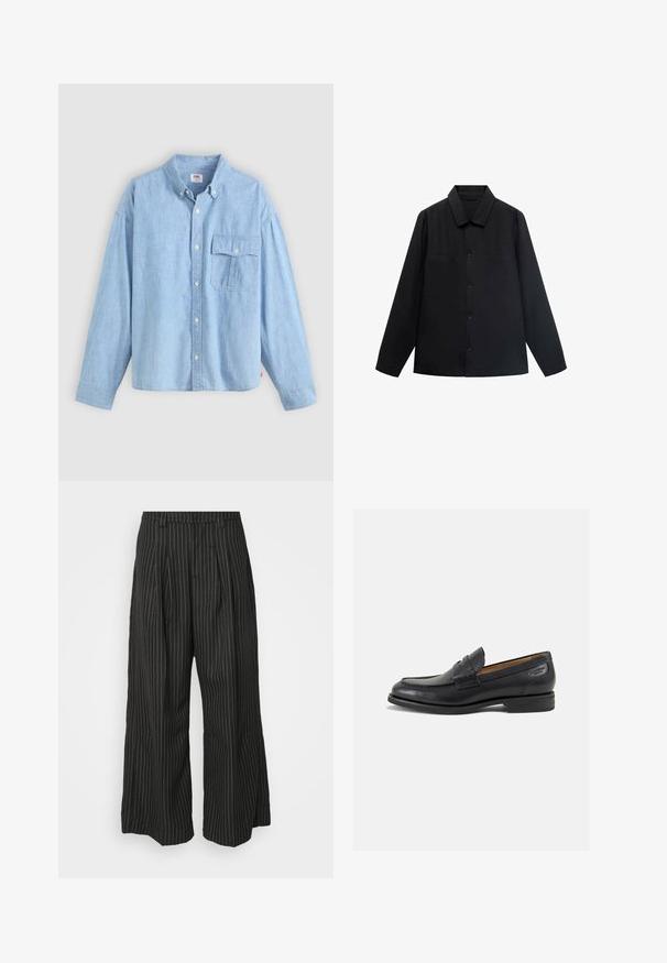 Camicetta nera a maniche lunghe con colletto a punta, chiusura frontale con bottoni e due tasche sul petto. Realizzata in un tessuto liscio con una vestibilità strutturata.; Camicia azzurro chiaro con bottoni realizzata in tessuto chambray. Presenta un colletto, maniche lunghe e una tasca sul petto con pattina e bottone.; Pantaloni a gamba larga neri a righe con pieghe, caratterizzati da un design sartoriale e una texture morbida. Nessun hardware o decorazione visibile.; Mocassini in pelle nera con finitura liscia, punta arrotondata e cuciture decorative sulla tomaia. Tacco basso impilato e leggero lucido.