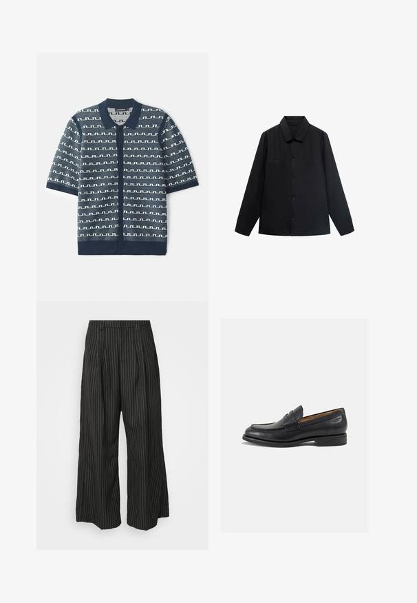 Camicetta nera a maniche lunghe con colletto a punta, chiusura frontale con bottoni e due tasche sul petto. Realizzata in un tessuto liscio con una vestibilità strutturata.; Cardigan in maglia a maniche corte di colore blu marino, caratterizzato da un motivo geometrico bianco, chiusura con bottoni e colletto classico. Tessuto testurizzato con accenti a contrasto.; Pantaloni a gamba larga neri a righe con pieghe, caratterizzati da un design sartoriale e una texture morbida. Nessun hardware o decorazione visibile.; Mocassini in pelle nera con finitura liscia, punta arrotondata e cuciture decorative sulla tomaia. Tacco basso impilato e leggero lucido.