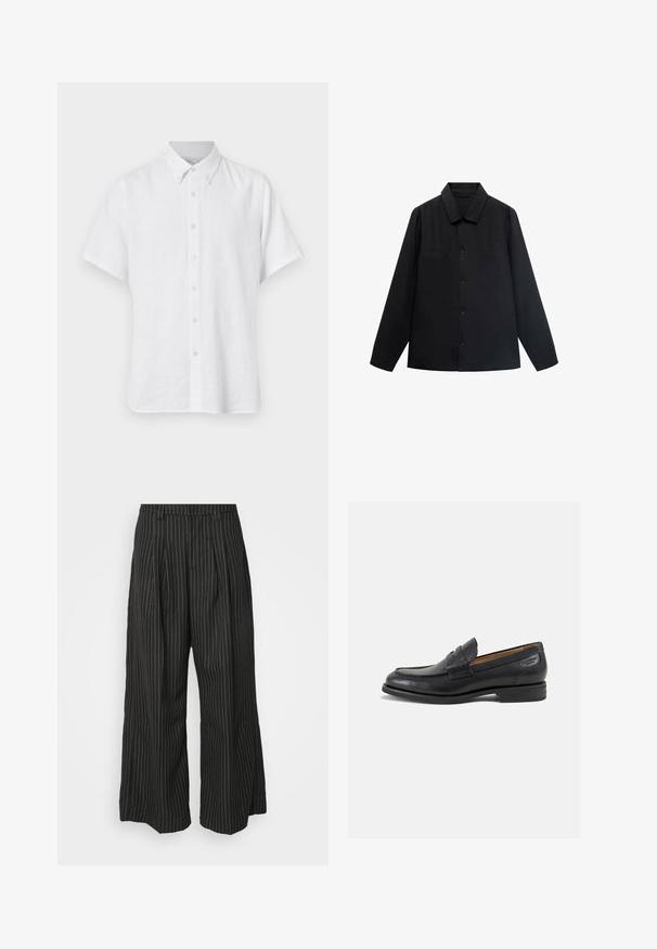 Sort langærmet skjorte med spidse krave, frontlukning med knapper og to brystlommer. Lavet af et glat stof med en struktureret pasform.; Hvid kortærmet skjorte i et letvægts hørmateriale. Har en spids krave og syv knapper nedad foran. Simpelt design, ingen synlige mønstre.; Sorte båndstribede brede bukser med folder, der har et skrædderlavet design og en blød tekstur. Ingen synlig hardware eller accenter.; Sorte læder loafers med en glat finish, rund tå og dekorativ syning på vampen. Lav stablet hæl og let glans.