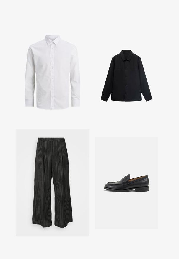 Black long-sleeve shirt with a pointed collar, front button closure, and two chest pockets. Made of a smooth fabric with a structured fit.; Long-sleeve white dress shirt made from smooth cotton, featuring a classic collar and front button closure, with no patterns or accents.; Black pinstriped wide-leg trousers with pleats, featuring a tailored design and a soft texture. No visible hardware or accents.; Black leather loafers with a smooth finish, rounded toe, and decorative stitching on the vamp. Low stacked heel and slight shine.