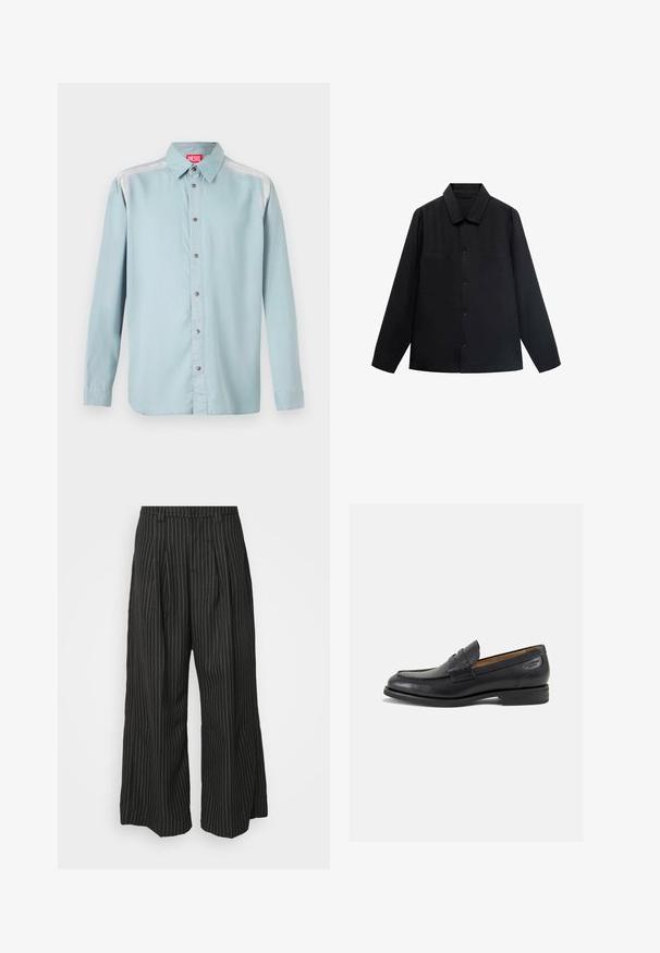 Camicetta nera a maniche lunghe con colletto a punta, chiusura frontale con bottoni e due tasche sul petto. Realizzata in un tessuto liscio con una vestibilità strutturata.; Camicia button-up azzurro chiaro con colletto standard, dotata di un'etichetta rossa, bottoni metallici e una texture di tessuto liscia.; Pantaloni a gamba larga neri a righe con pieghe, caratterizzati da un design sartoriale e una texture morbida. Nessun hardware o decorazione visibile.; Mocassini in pelle nera con finitura liscia, punta arrotondata e cuciture decorative sulla tomaia. Tacco basso impilato e leggero lucido.