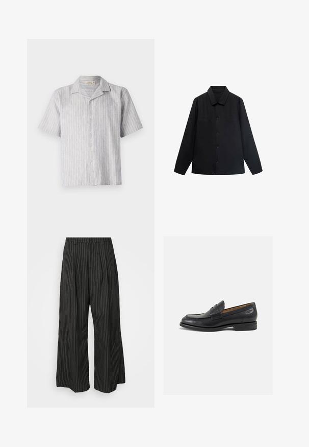 Black long-sleeve shirt with a pointed collar, front button closure, and two chest pockets. Made of a smooth fabric with a structured fit.; Short-sleeve button-up shirt in light blue and white striped linen. Features a classic collar and a straight hem, with five buttons down the front.; Black pinstriped wide-leg trousers with pleats, featuring a tailored design and a soft texture. No visible hardware or accents.; Black leather loafers with a smooth finish, rounded toe, and decorative stitching on the vamp. Low stacked heel and slight shine.