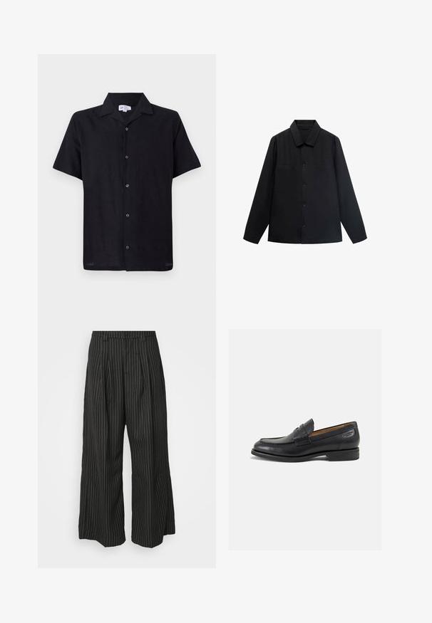 Black long-sleeve shirt with a pointed collar, front button closure, and two chest pockets. Made of a smooth fabric with a structured fit.; Black short-sleeve shirt made of lightweight fabric. Features a collared neckline and front button closure with five buttons down center.; Black pinstriped wide-leg trousers with pleats, featuring a tailored design and a soft texture. No visible hardware or accents.; Black leather loafers with a smooth finish, rounded toe, and decorative stitching on the vamp. Low stacked heel and slight shine.