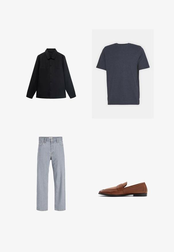 Sort langærmet skjorte med spidse krave, frontlukning med knapper og to brystlommer. Lavet af et glat stof med en struktureret pasform.; Mørkeblå t-shirt med rund hals i blødt bomuldsblandingsstof, med korte ærmer og en almindelig pasform. Ingen synlige mønstre eller detaljer.; Lysblå denimjeans med en afslappet pasform, lige benudforming, synlige syninger, to forlommer og knaplukning.; Brune læder loafers med en lav silhuet, rund tå og syet detaljering på vampen. Solid sort sål med en glat finish.