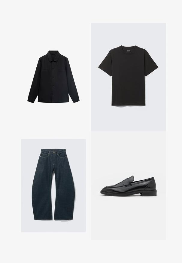 Čierna košeľa s dlhými rukávmi a špicatým golierom, s predným zapínaním na gombíky a dvoma náprsními vreckami. Vyrobená z hladkej látky so štruktúrovaným strihom.; Čierne tričko s krátkym rukávom z mäkkej bavlny, s okrúhlym výstrihom a jednoduchým dizajnom bez vzorov alebo zdobení.; Tmavomodré džínsy s širokými nohavicami vyrobené z denimu, obsahujúce päť vreciek, viditeľné švy, zapínanie na gombík a čistý vzhľad.; Čierne kožené loaferky s hladkým povrchom, s okrúhlou špičkou a úzkym pásom cez vrch. Nízky vrstvený podpätok.