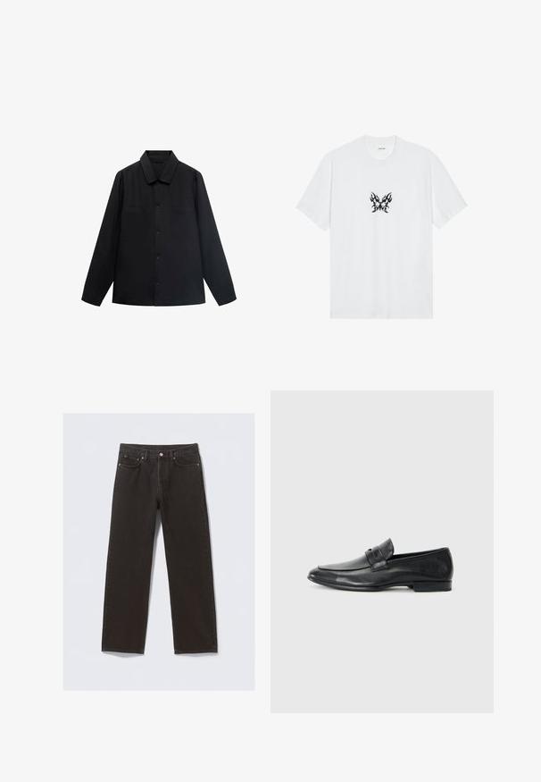 Sort langærmet skjorte med spidse krave, frontlukning med knapper og to brystlommer. Lavet af et glat stof med en struktureret pasform.; Hvid bomulds t-shirt med korte ærmer og rund hals. Har et centralt sort flamme-mønsteret sommerfugle grafik. Glat tekstur.; Svarte denimjeans med straight-leg design, fem lommer og kobberfarvet syning. Glat tekstur, klassisk knaplukning i taljen.; Sorte læder loafers med rund tå, syede detaljer, bred rem over vristen og en lav, flad hæl. Glat overflade.