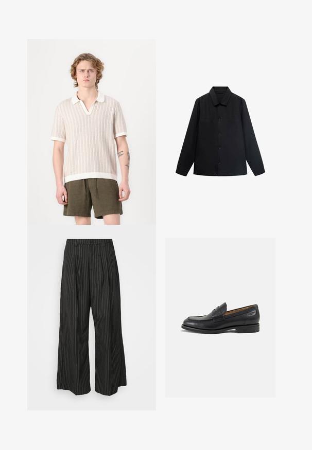 Schwarzes Langarmshirt mit spitzem Kragen, Knopfverschluss vorne und zwei Brusttaschen. Aus einem glatten Stoff mit strukturiertem Sitz gefertigt.; Kurzärmliges Polohemd aus strukturiertem beigem Strick, mit weißem Kragen und Saum. Tragen zu olivgrünen Shorts.; Schwarz gestreifte weite Hose mit Falten, im taillierten Design und mit weichem Material. Keine sichtbaren Beschläge oder Akzente.; Schwarze Leder Slipper mit glatter Oberfläche, runder Spitze und dekorativer Naht auf dem Vorderblatt. Niedriger Blockabsatz und leichter Glanz.