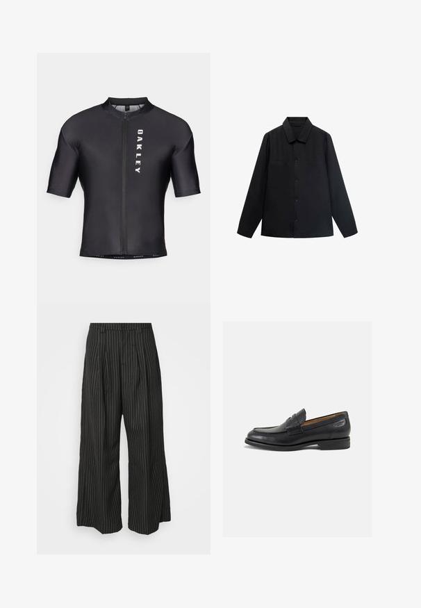 Chemise noire à manches longues avec col pointu, fermeture à boutons sur le devant et deux poches poitrine. Fabriquée dans un tissu lisse avec une coupe structurée.; Maillot de cyclisme à manches courtes en tissu noir et lisse. Il possède une fermeture éclair à l'avant et le logo "OAKLEY" imprimé en blanc sur le côté gauche.; Pantalons larges noir à rayures avec plis, présentant un design ajusté et une texture douce. Pas de matériel ou d'accents visibles.; Mocassins en cuir noir avec une finition lisse, bout rond et coutures décoratives sur la tige. Talon bas empilé et léger brillant.