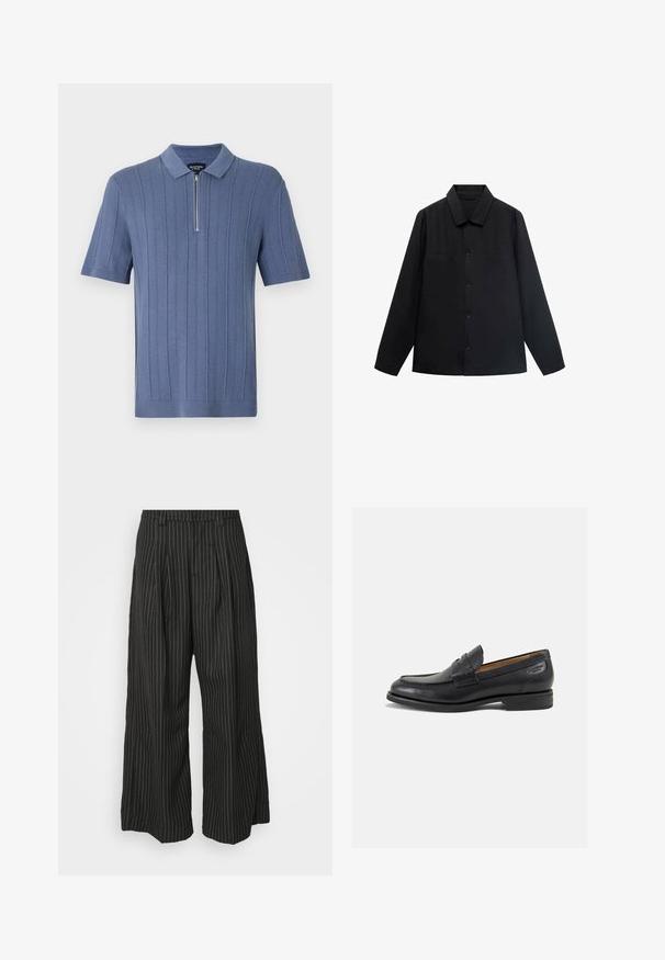 Zwarte langearmige shirt met een puntkraag, knoopsluiting aan de voorkant en twee borstzakken. Gemaakt van een gladde stof met een gestructureerde pasvorm.; Blauwe polo trui met korte mouwen, voorzien van een gestructureerd ribdesign en een halve rits. Gemaakt van zacht gebreid materiaal met een klassieke kraag.; Zwarte gestreepte wijde broek met plooien, met een op maat gemaakt ontwerp en een zachte textuur. Geen zichtbare hardware of accenten.; Zwarte leren loafers met een gladde afwerking, ronde neus en decoratieve stiksels op de wreef. Lage gestapelde hak en een lichte glans.