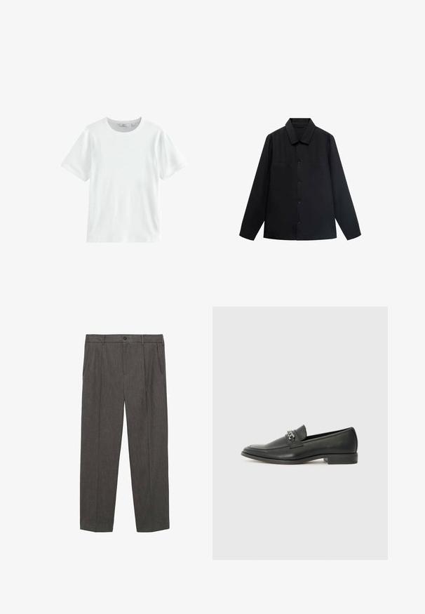 Črna srajca z dolgimi rokavi in usnjenim ovratnikom, sprednjim gumbom in dvema žepoma na prsih. Narejena je iz gladkega materiala s strukturirano prileganjem.; Bela bomba z bombažem, kratkimi rokavi, okroglim izrezom in rebrasto teksturo. Preprost dizajn, primeren za vsakodnevno nošenje. Brez vidnih vzorcev ali poudarkov.; Sive, krojene hlače iz teksturirane tkanine. Imajo gumbasto zapiranje, dve sprednji žepi in ravno obliko nogavic.; Črni usnjeni loafer z gladko površino, ki ima šivano zasnovo in dekorativni kovinski verižni naglas preko vampirja. Ravno peto.