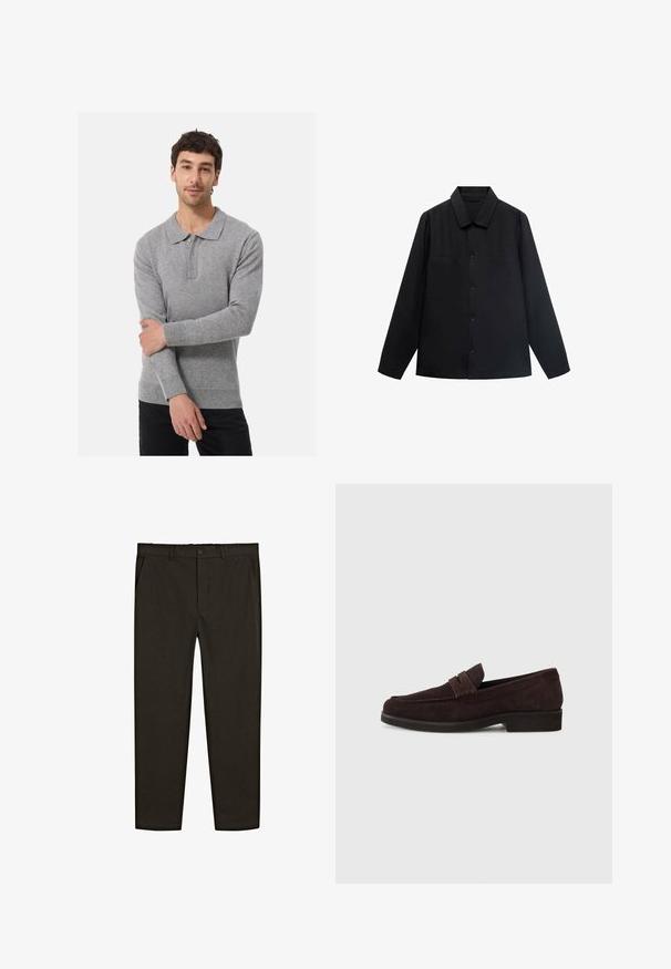 Schwarzes Langarmshirt mit spitzem Kragen, Knopfverschluss vorne und zwei Brusttaschen. Aus einem glatten Stoff mit strukturiertem Sitz gefertigt.; Graues Langarm-Polo-Shirt aus weichem Material, mit einem kragenartigen Ausschnitt, Knopfleiste sowie gerippten Bündchen und Saum.; Dunkelbraune, gewebte Stoffhose mit geradem Bein, vorderen Taschen und einem Knopfverschluss an der Taille. Glatte Textur.; Braune Wildleder-Slipper mit niedrigem Profil und runder Zehenform. Verfügt über einen dekorativen Riemen über dem Obermaterial, eine flache Gummisohle und keine sichtbaren Nähte.