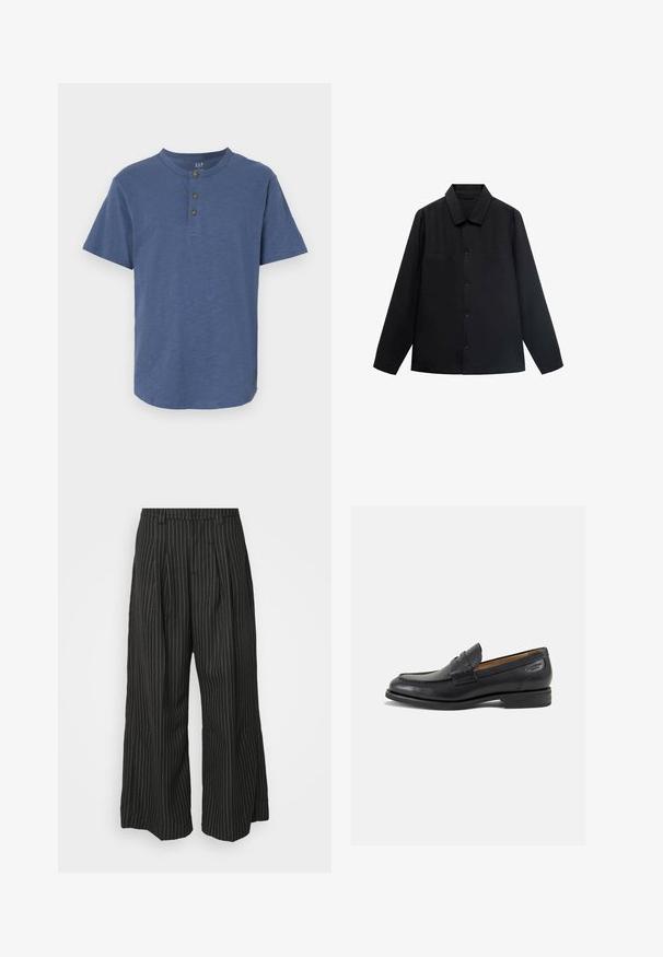 Svart långärmad skjorta med spetsig krage, knappstängning fram och två bröstfickor. Tillverkad av ett slätt tyg med en strukturerad passform.; Kortärmad skjorta i mjukt blått tyg, med rund hals och tre bruna knappar vid kragen, samt rak fåll.; Svarta randiga byxor med vida ben och veck, som har en skräddarsydd design och en mjuk textur. Ingen synlig hårdvara eller detaljer.; Svarta läder loafers med en slät ytfinish, rund tå och dekorativ sömnad på vampen. Låg staplad klack och lätt glans.