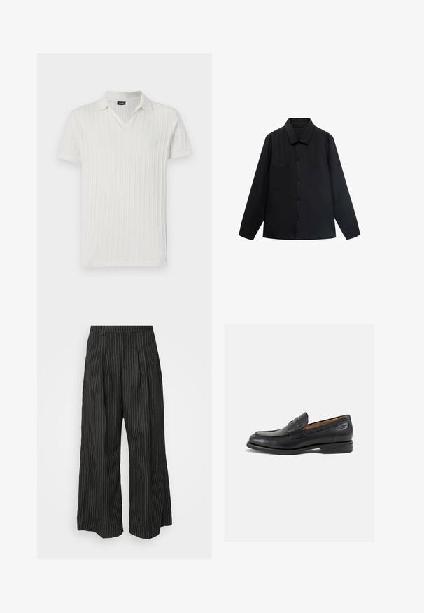 Czarna koszula z długim rękawem, z wywijanym kołnierzykiem, z zamknięciem na guziki z przodu oraz dwoma kieszeniami na piersi. Wykonana z gładkiego materiału o dopasowanym kroju.; Biała, prążkowana koszulka polo z krótkim rękawem, z dekoltem w serek i złożonym kołnierzem. Gładka faktura z pionowym wzorem. Metka wewnątrz kołnierza informuje "JOOP!"; Czarne spodnie w szerokie nogawki w paski, z zakładkami, charakteryzujące się dopasowanym krojem i miękką teksturą. Brak widocznych metalowych elementów lub akcentów.; Czarne skórzane mokasyny o gładkim wykończeniu, zaokrąglonym nosku i dekoracyjnym przeszyciu na cholewce. Niski, warstwowy obcas i delikatny połysk.