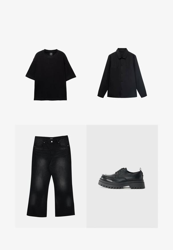 Zwarte langearmige shirt met een puntkraag, knoopsluiting aan de voorkant en twee borstzakken. Gemaakt van een gladde stof met een gestructureerde pasvorm.; Zwarte T-shirt met korte mouwen, gemaakt van katoen, met een ronde halslijn en een ontspannen pasvorm. Gladde textuur met minimale stikdetails.; Zwarte wijde spijkerbroek van denim, met twee voorzakken, subtiele vervaging en een knoopsluiting bij de taille.; Zwarte chunky leren veterschoen met dikke robuuste zool en metalen oogjes op de neus, gefotografeerd tegen een effen lichte achtergrond.