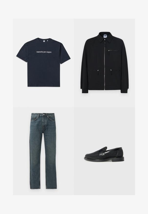 Juodas švarkas, pagamintas iš lengvos medžiagos, su priekiniais užtrauktukais, dviem šoninėmis kišenėmis ir su užtrauktuku uždara viršutine krūtinės kišene.; Tamsiai mėlynas trumpa rankovė T-palaidinė su balta tekstu "neanche per sogno" centruota ant krūtinės, apvaliu kaklu, vidutinio dydžio.; Tamsiai mėlyni džinsai su tiesiomis kojomis, turintys penkis kišenes, mygtuko uždarymą ir kontrastingus siuvimo akcentus.; Juodas pintas slip-on tipo batelis su lygiu odiniu akcentu viršuje, apvalios nosies dizainas ir žemas guminis padas.