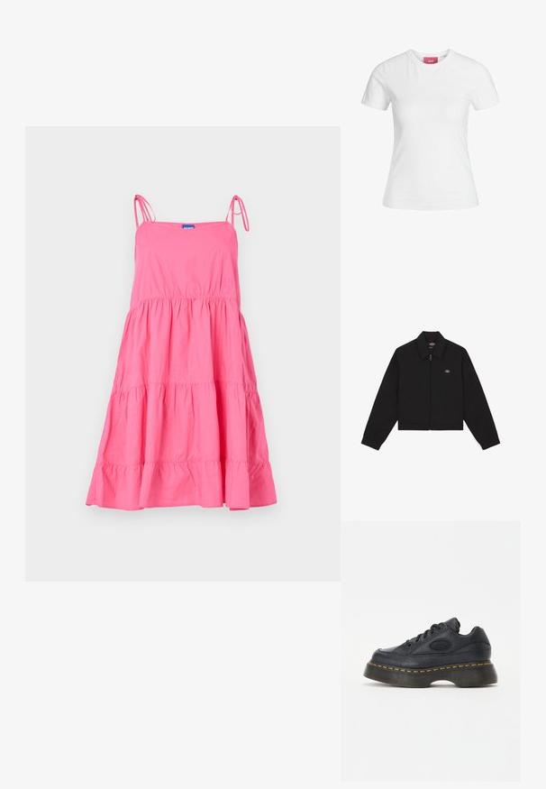 Jachetă neagră cu fermoar, cu guler plat, mâneci lungi și buzunare laterale. Prezintă un mic logo pe partea stângă a pieptului. Fabricată dintr-un material moale.; HUGO KARAMELA - Rochie de zi - dark pink; Tricou alb din bumbac, cu mâneci scurte și decolteu rotund. Prezintă o etichetă roz pe gulerul interior. Textură netedă.; Botină din piele neagră, cu finisaj texturat, vârf rotund și talpă groasă. Dispune de cusături accentuate galbene și logo branduit pe partea laterală.