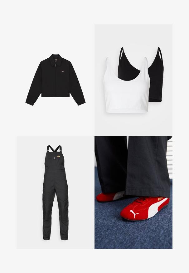Melnā jaka ar rāvējslēdzēju, ar platu apkakli, garām piedurknēm un sānu kabatām. Uz kreisā krūšu sāna atrodas neliela logo. Izgatavota no mīksta auduma.; Divi kokvilnas topi baltā un melnā krāsā. Katram ir dziļa kakla izgriezuma forma un plānas plecu siksnas, ar gludu, mīkstu tekstūru.; Fjällräven VARDAG DUNGAREE TROUSERS W - Āra bikses - black; Sarkani zīda sneakers ar baltām akcentiem, ar teksturētu materiālu, apaļu purngalu un zeltītu logotipu sānos, valkāti ar melniem biksēm.