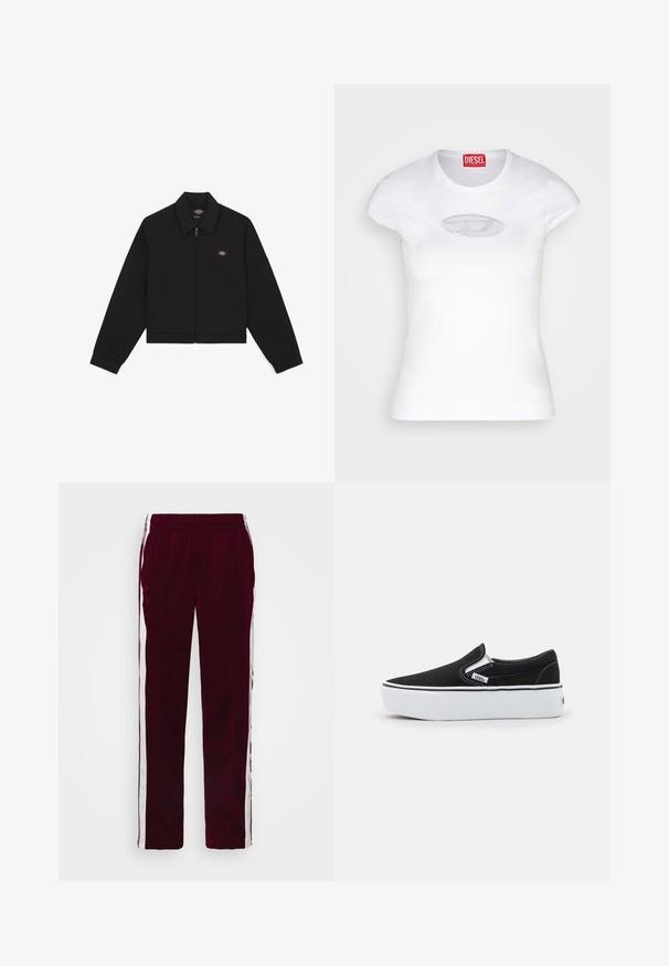 Zwarte zip-up jas met een platte kraag, lange mouwen en zijzakken. Voorzien van een klein logo aan de linkerkant van de borst. Gemaakt van zacht materiaal.; Witte, aansluitende T-shirt van katoen, met een ronde hals en korte mouwen, voorzien van een lichtblauw geborduurd logo aan de voorkant.; Bordeaux sportbroek met een trekkoord in de taille, witte zijstrepen en een slim fit. Gemaakt van een gladde, lichtgewicht stof.; Zwarte canvas instapschoen met een witte rubberen zool, voorzien van elastische zijkanten en contrasterende stiksels. Merkenlogo zichtbaar aan de zijkant.