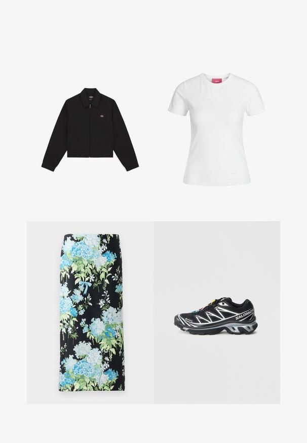 Čierna bunda na zips s plochým golierom, dlhými rukávmi a bočnými vreckami. Na ľavej strane hrude je malá nášivka. Vyrobená z jemného materiálu.; Biela bavlnená tričko s krátkymi rukávmi a okrúhlym výstrihom. Na vnútornej strane goliera sa nachádza ružová nálepka. Hladká textúra.; Kvetinová ceruzková sukňa v čiernom materiáli, s veľkými modrými a zelenými hortenzíami a malými bielymi kvetmi, doplnená svetlomodrou mašľou.; Čierna bežecká obuv so striebornými akcentmi, materiál GORE-TEX, textúrovaná podrážka a farebné šnúrky. Obsahuje polstrovanú pätu pre podporu.