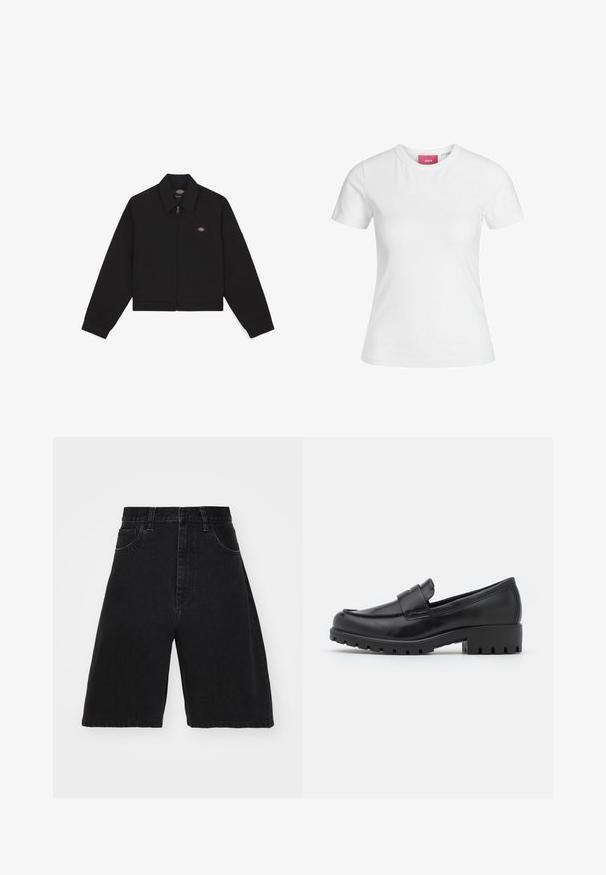 Casaco preto com fecho zip, colarinho plano, mangas longas e bolsos laterais. Apresenta um pequeno logótipo no lado esquerdo do peito. Feito de tecido suave.; T-shirt de algodão branco com mangas curtas e decote redondo. Apresenta uma etiqueta rosa na parte interna do pescoço. Textura suave.; Calções de ganga pretos com uma cintura alta, design de perna larga, apresentando cinco bolsos e fecho por botão. Textura suave com desbotamento mínimo.; Mocassins de couro preto com bico arredondado, um detalhe costurado e uma sola de borracha robusta com desenho visível. Superfície lisa.