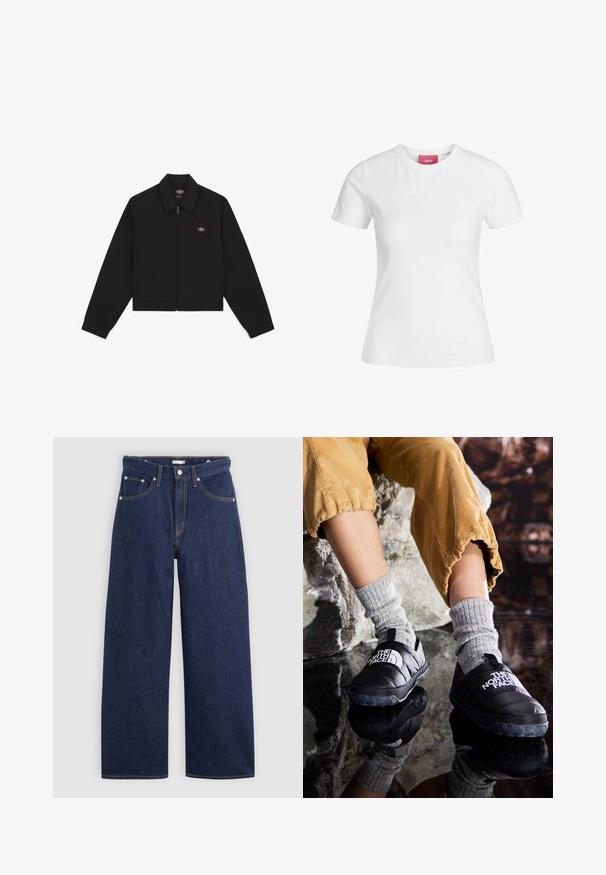 Black zip-up jacket with a flat collar, long sleeves, and side pockets. Features a small logo on the left side of the chest. Made of soft fabric.; White cotton t-shirt with short sleeves and a round neckline. Features a pink label on the inner neck. Smooth texture.; Dark blue denim wide-leg jeans with a high waist, featuring five pockets, belt loops, and copper stitching details. Smooth texture.; Black insulated slip-on shoes with textured soles and white logo, worn with gray knit socks, paired with ribbed mustard-colored pants.