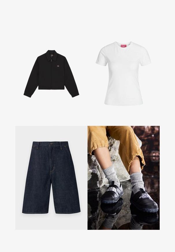 Musta vetoketjullinen takki, jossa on litteä kaulus, pitkät hihat ja sivutaskut. Vasemmassa rinnassa on pieni logo. Valmistettu pehmeästä kankaasta.; Valkoinen puuvillapaita, jossa on lyhyet hihat ja pyöreä pääntie. Sisäkauluksessa on vaaleanpunainen etiketti. Sujuva kangas.; Tummansiniset farkkushortsit suoralla leikkauksella, jossa on napitus, viisi taskua ja näkyvät keltaiset ompeleet sauman varrella.; Mustat eristetyt liukupohjaiset kengät, joissa on tekstuuriset pohjat ja valkoinen logo, käytetty harmaiden neulosasukasien kanssa, yhdistetty ribattuihin sinapinkeltaisiin housuihin.