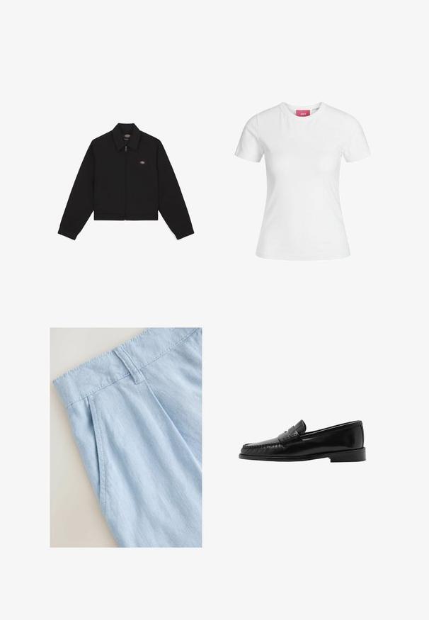 Svart zip-up jacka med platt krage, långa ärmar och sidofickor. Har en liten logotyp på vänster sida av bröstet. Tillverkad av mjukt tyg.; Vit bomull t-shirt med korta ärmar och rund halsringning. Har en rosa etikett på insidan av halsen. Slät textur.; Ljust blå linnebyxor med en veckad design, som har en midjeresår och sömnadsdetaljer. Slät yta och avslappnad stil.; Svart läderloafer med en kurvad silhuett, dekorativ rem, strukturerad sömnad och en platt gummisula. Slät yta och elegant design.