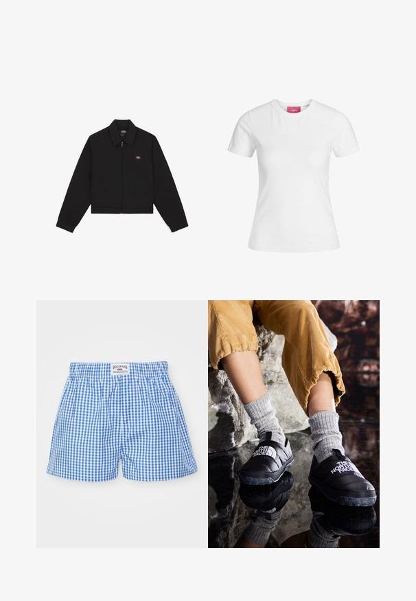 Svarte zip-up jakke med flat krage, lange ermer og sidelommer. Har en liten logo på venstre side av brystet. Laget av mykt stoff.; Hvit bomull T-skjorte med korte ermer og rund halslinning. Har et rosa merke på innsiden av halsen. Jevn tekstur.; Blå og hvite rutete boxershorts med elastisk linning og en logoetikett. Laget av lett stoff med en avslappet passform.; Svarte isolerte slip-on sko med teksturert såle og hvit logo, brukt med grå strikkede sokker, sammen med ribbede sennepsfargede bukser.