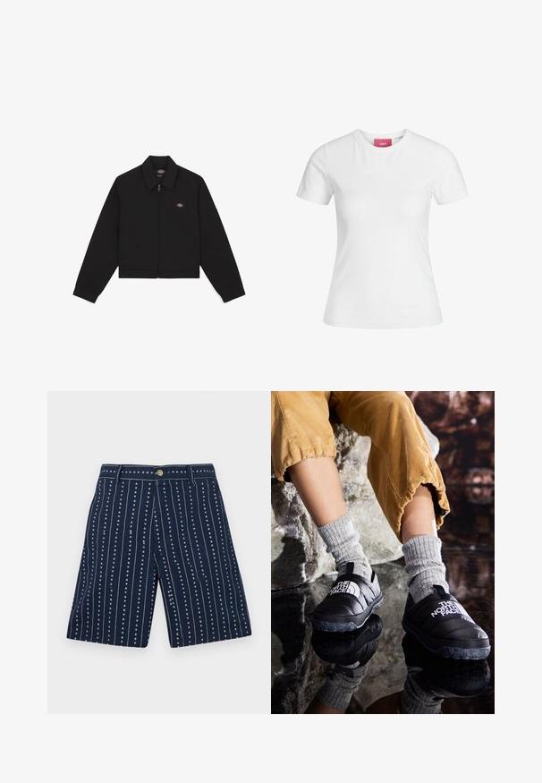 Svarte zip-up jakke med flat krage, lange ermer og sidelommer. Har en liten logo på venstre side av brystet. Laget av mykt stoff.; Hvit bomull T-skjorte med korte ermer og rund halslinning. Har et rosa merke på innsiden av halsen. Jevn tekstur.; Marinblå shorts med vertikale striper og små hjerte-mønstre, laget av et stoff med myk tekstur. Utstyrt med knapp og glidelås foran.; Svarte isolerte slip-on sko med teksturert såle og hvit logo, brukt med grå strikkede sokker, sammen med ribbede sennepsfargede bukser.