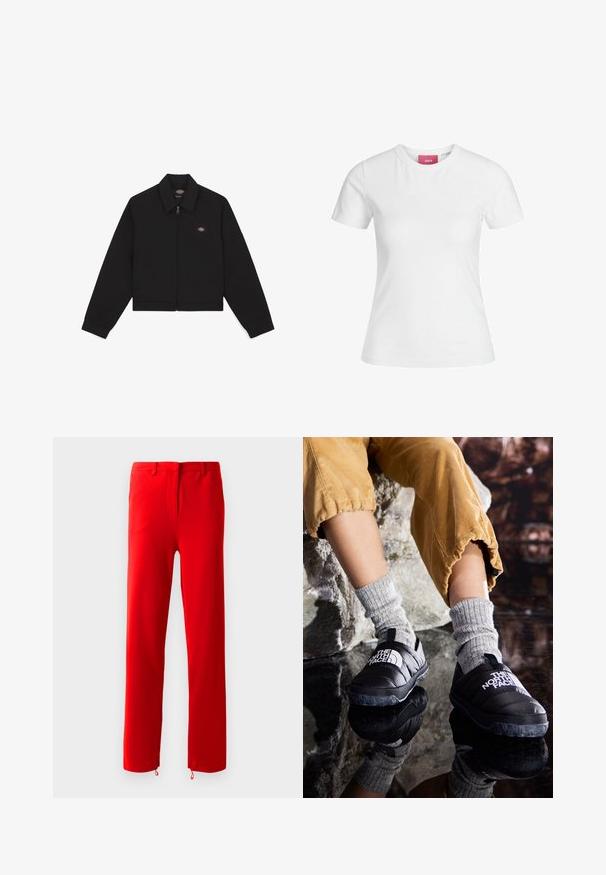 Fekete cipzáras dzseki lapos gallérral, hosszú ujjakkal és oldalzsebekkel. A mellkas bal oldalán egy kis logó található. Puha anyagból készült.; Fehér pamut póló rövid ujjakkal és kerek nyakkivágással. Belső nyakán rózsaszín címke található. Simogatós állagú.; Simító, rugalmas anyagból készült piros nadrág. Lapos elülső résszel és rejtett cipzárral rendelkezik, egyenes lábakkal és állítható húzózsinórokkal az alján.; Fekete, szigetelt, könnyen felhúzható cipők, texturált talppal és fehér logóval, szürke kötött zoknikkal viselve, ribbelt mustárszínű nadrággal párosítva.