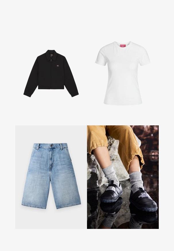 Juoda zip-up striukė su plokščiu apykakle, ilgomis rankovėmis ir šoninėmis kišenėmis. Ant kairiojo krūtinės šono yra mažas logotipas. Pagaminta iš minkštos medžiagos.; Balta medvilninė marškinė su trumpomis rankovėmis ir apvaliu iškirpimu. Vidiniame kakle yra rožinė etikete. Lygi tekstūra.; Šviesiai mėlynos džinsinės šortai su laisvu pritaikymu, penkių kišenių dizainu ir sagos uždarymu juosmens srityje. Paskelbtas kraštas ant kojų.; Juodos izoliuotos slip-on bateliai su tekstūruotais padais ir balta reklama, vilkintys pilkas megztas kojines, derinami su raguotomis garstyčių spalvos kelnėmis.