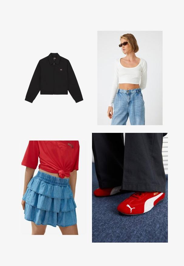 Zwarte zip-up jas met een platte kraag, lange mouwen en zijzakken. Voorzien van een klein logo aan de linkerkant van de borst. Gemaakt van zacht materiaal.; Witte, geribbelde, lange mouw crop top met een brede ronde hals, gecombineerd met hoge taille, lichtblauwe denim jeans.; Lichtblauwe denimrok met drie gelaagde ruffles, met een elastische tailleband en een gladde textuur. Gecombineerd met een rood shirt met korte mouwen.; Rode suède sneakers met witte accenten, met een textuurmateriaal, ronde neus en een gouden logo aan de zijkant, gedragen met zwarte broek.