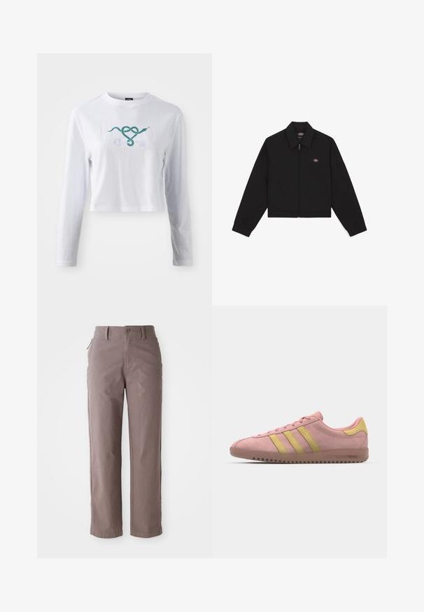 Juoda zip-up striukė su plokščiu apykakle, ilgomis rankovėmis ir šoninėmis kišenėmis. Ant kairiojo krūtinės šono yra mažas logotipas. Pagaminta iš minkštos medžiagos.; Balta ilga rankovė cropped marškinėliai iš medvilnės, su žalia gyvatė grafika, susipynusia su rakto dizainu priekyje.; Rudos medvilnės twill kelnes su tiesiu kirpimu, turinčios priekinį užsegimą mygtuku ir šonines kišenes, lygų tekstūrą ir švarius kontūrus.; Rožiniai zomšiniai sportbačiai su trimis geltonomis juostelėmis, suapvalintu pirštu ir tekstūruotu guminio pado paviršiumi. Žemas profilis su paminkštintu apykakle.