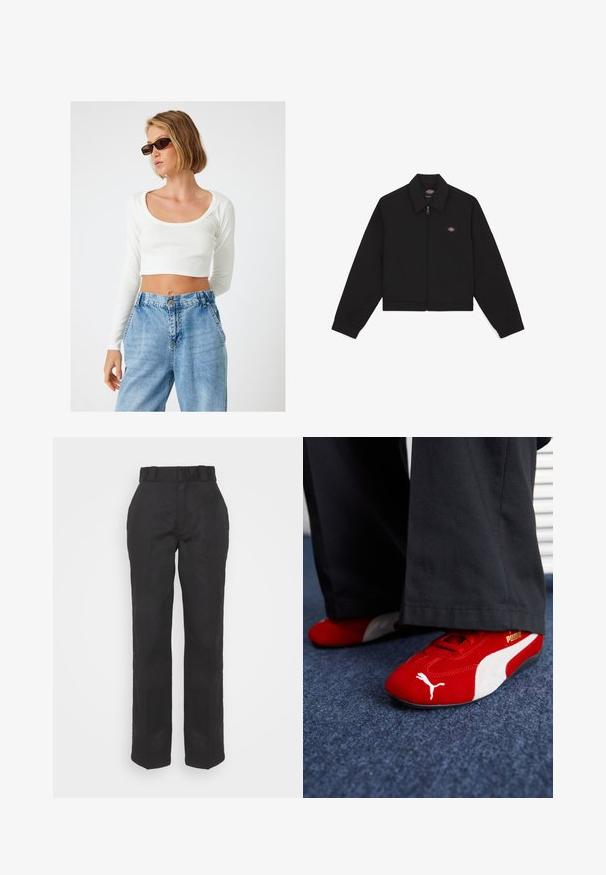 Sort zip-up jakke med flad krave, lange ærmer og sidelommer. Har et lille logo på venstre side af brystet. Lavet af blødt stof.; Hvid, riflet, langærmet crop top med bred bådudskæring, parret med højden jeans i lys blå denim.; Sorte bukser med en glat tekstur, lige ben-udskæring og bæltestrop. Har en enkel, klassisk silhuet uden yderligere mønstre.; Røde ruskindsnikers med hvide accenter, der har struktureret materiale, rund tå og et guld logo på siden, båret med sorte bukser.