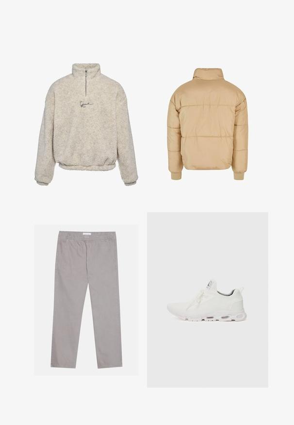 Bež puffer-jakk, millel on kõrge kaelus, tikitud disain ja elastsed mansetid. Sile tekstuur ja veidi suurendatud vorm.; Kreemivärvi pullover, mis on valmistatud tekstuurilisest fliisist, millel on pool tõmblukk ja väike brodeeritud logo ees.; Heledad hallid puuvillased püksid, millel on elastne vöökoht, kaks külgtaskut, sirge jala disain ja sile tekstuur. Lihtne õmbluse detail.; Valged sportijalatsid, millel on tekstuuriga kudum peal, lame paelad ja pehmendatud tallad nähtavate õhukambritega täiendava toe jaoks.