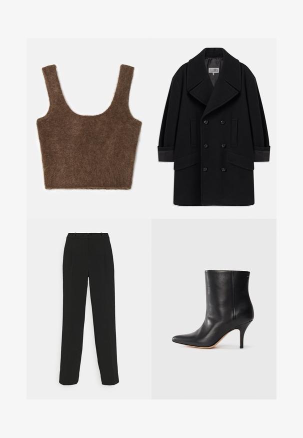 Dobbeltbrystet sort frakke i uldblanding, med store revers, to foran lommer og blanke sorte knapper, samt læderdetaljer på ærmerne.; Brun, fuzzy cropped tanktop med brede skulderstropper og rund udskæring. Blød tekstur og enkelt design uden mønstre eller udsmykninger.; Sorte skræddersyede bukser med lige ben, højtaljet, med pressefolder og en glat stofstruktur.; Sort læder ankelstøvle med spids tå, slank stiletthæl og glat tekstur. Minimalistisk design uden synligt hardware eller accenter.