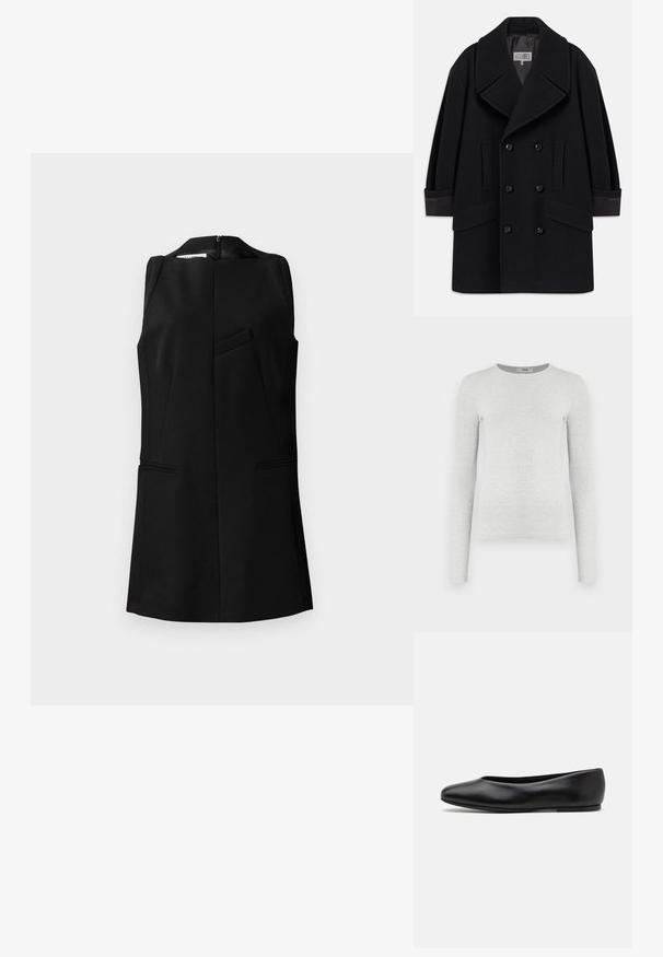 Double-breasted black coat in wool blend, featuring large lapels, two front pockets, and glossy black buttons, with leather accents on cuffs.; Long-sleeve gray ribbed knit top, round neckline, fitted silhouette, smooth texture, with no visible logos or embellishments.; Black sleeveless top with a high neckline, structured design, front pocket detail, and concealed back zipper, made from a textured fabric.; Paul Smith TOPANGA - Ballet pumps - black