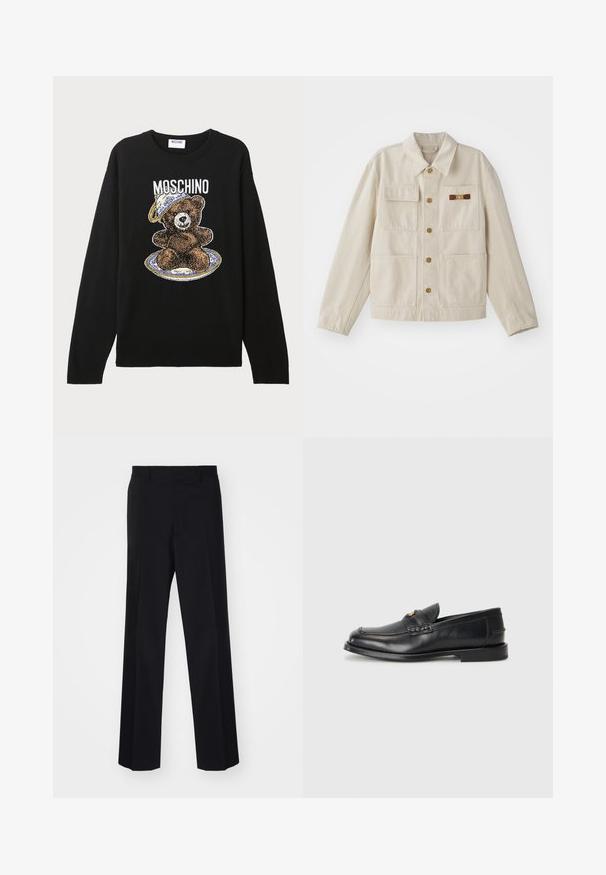Bežs pogas žakets ar četriem priekšējiem kabatām, garām piedurknēm un mazu brūnu un zeltītu dekoratīvu aizdari labajā krūšu kabatā.; Melnā adīta džemperis ar lāča grafiku, kurš nēsā cepuri, apjozts ar šķīvja dizainu. Virs lāča ir uzraksts "MOSCHINO".; Melnas šūtu bikses ar platu kāju dizainu, ar gludu tekstūru un asiem locījumiem, izgatavotas no austas auduma.; Melnā ādas mokasīni ir ar noapaļotu purngalu, šūšanas detaļām un nelielu zelta akcentu priekšpusē. Zole ir plaka un diskrēta.