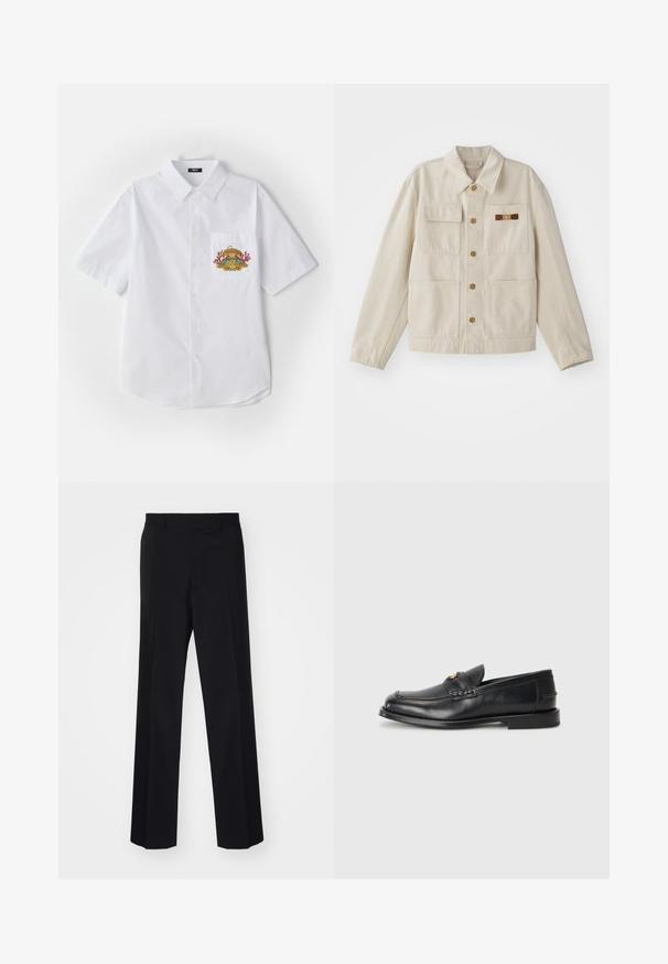 Šviesiai ruda mygtukinė striukė su keturiomis priekinėmis kišenėmis, ilgomis rankovėmis ir mažomis rudai auksinėmis dekoratyvinėmis sagtimis dešinėje krūtinės kišenėje.; Balta trumpomis rankovėmis mygtukinė marškinėliai su apykakle, su spalvingu siuvinėjimu kairiajame krūtinės kišenėje.; Juodos prisiūtos kelnes su plačiomis kojomis, turinčios sklandų paviršių ir aštrius raukšles, pagamintas iš audinio.; Juodi odiniai loaferiai turi apvalų nykštį, siuvinėtus detalės ir mažą aukso akcentą priekyje. Padas yra plokščias ir diskretiškas.