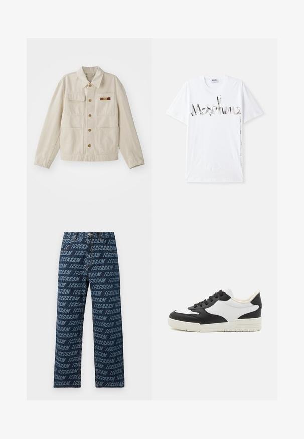 Šviesiai ruda mygtukinė striukė su keturiomis priekinėmis kišenėmis, ilgomis rankovėmis ir mažomis rudai auksinėmis dekoratyvinėmis sagtimis dešinėje krūtinės kišenėje.; Balta medvilninė marškinėlių su grafikiniu logotipu juoda ir sidabrinėmis spalvomis, primenančiu juostelę. Trumpomis rankovėmis ir apvaliu iškirpimu.; Tamsiai mėlynos džinsinės kelnės, puoštos viso paviršiaus pasikartojančiu "ICECREAM" tekstu šviesesnėje spalvoje. Tiesaus kirpimo su standartiniu juosmeniu.; Juoda ir balta sportinė avalynė su lygiu odiniu viršumi, apvaliu nosiu ir plokščiu guminiu padu. Įrengti juodi raišteliai ir švelni vidinė pamušalas.