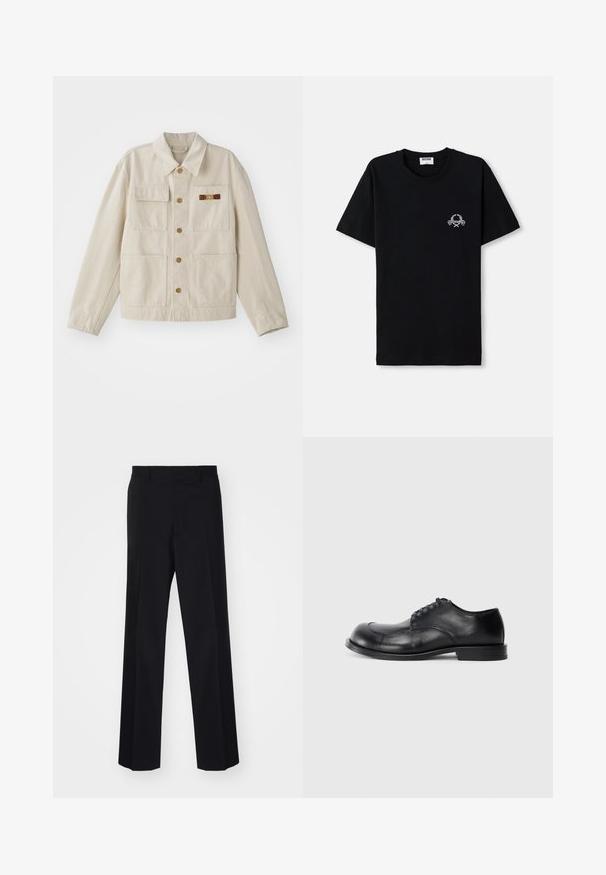 Jachetă bej cu nasturi, având patru buzunare frontale, mâneci lungi și un mic prinder decorativ maro și aurie pe buzunarul din piept drept.; Tricou din bumbac negru cu guler rotund. Prezintă un mic design grafic alb pe piept. Mâneci scurte și tiv drept.; Pantaloni negri, croiți pe baza unei linii elegante, cu un design cu picioare largi, având o textură netedă și pliuri bine definite, fabricați dintr-un material țesut.; Pantofiori din piele neagră, cu vârful rotunjit, design cu șireturi, textură netedă și toc ușor. Siluetă simplă cu detalii minime.