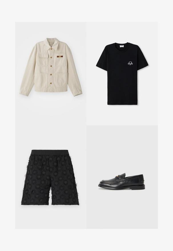 Šviesiai ruda mygtukinė striukė su keturiomis priekinėmis kišenėmis, ilgomis rankovėmis ir mažomis rudai auksinėmis dekoratyvinėmis sagtimis dešinėje krūtinės kišenėje.; Juodas medvilnės marškinėliai su apvalia iškirpte. Su mažo balto grafikos dizaino elementu krūtinėje. Trumpomis rankovėmis ir tiesiu pašonu.; Juodi šortai su elastinga juosmeniu, papuošti tekstūruotais apvaliais raštais ir siuvinėjimu, sukuriantys trimatį efektą.; Juodi odiniai loaferiai turi apvalų nykštį, siuvinėtus detalės ir mažą aukso akcentą priekyje. Padas yra plokščias ir diskretiškas.