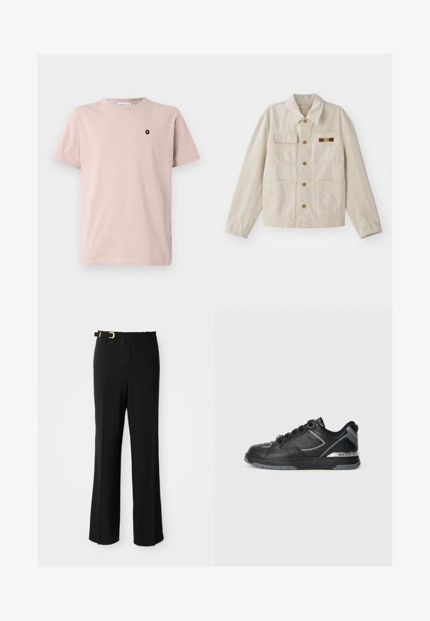 Beežist nupuga jakki, millel on neli eesmist taskut, pikad varrukad ja väike pruun-kuldne dekoratiivne klamber paremas rinna-taskus.; Hele roosa lühikeste varrukatega T-särk, mis on valmistatud pehmest kangast. Vasakul rinnal on väike must kuusnurga logo. Sirge lõikega disain.; Mustad püksid, millel on kohandatud istuvus, lamedad esiosad, vööaasad, graatsiline siluett ja vöö peal kullatud tüübliga aksessuaar.; Mustmustest musta, millel on tekstuurilised detailid, hõbedased aktsendid, ümar varvas ja mustriga vaheline tall tärniga. Kinnitatav disain.