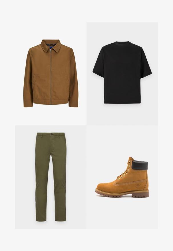 Rjava zip-up jakna s ovratnikom, dolgimi rokavi in dvema sprednjima žepoma; gladka tekstura in minimalističen dizajn brez vidnih vzorcev.; Črna kratka majica s kratkimi rokavi v ohlapnem kroju, izdelana iz gladkega bombaža, z okroglo ovratnico in minimalističnim dizajnom.; Olivno zeleni bombažni chinos hlače s ravnim krojem, ki vsebujejo sprednji gumb, stranske žepke in čiste robove.; Svetlo rjave anklne čizme iz semiša z črnim oblazinjenim ovratnikom, zlatimi kovinskimi očesci, belimi šivi in robustnim gumijastim podplatom s izrazitimi tredi.