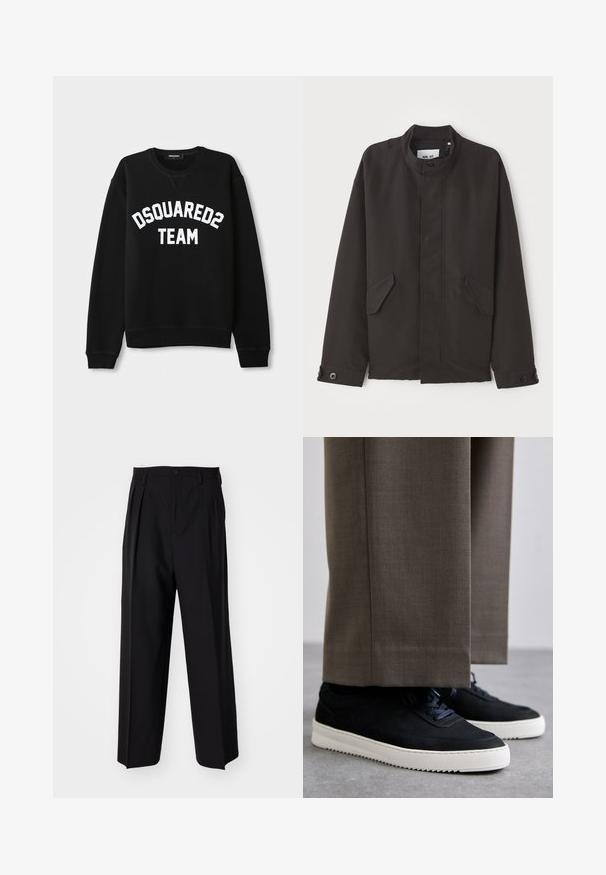 NN.07 SOPHUS - Veste mi-saison - black; Sweat-shirt noir à manches longues, col rond et inscription blanche "DSQUARED2 TEAM" sur la poitrine. Tissu doux, poignets et ourlet côtelés.; Pantalons plissés noirs avec un design droit et large. Fabriqués en tissu lisse, avec une fermeture à bouton et des passants de ceinture.; Baskets en daim noir avec des semelles en caoutchouc blanc, dotées d'un bout arrondi et de lacets, portées avec un pantalon gris sur mesure.