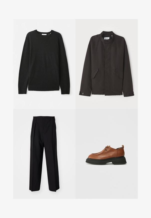 NN.07 SOPHUS - Übergangsjacke - black; Schwarzer, langärmliger Pullover aus leichtem Strickstoff. Mit Rundhalsausschnitt und gerippten Bündchen und Saum. Keine Muster oder Verzierungen.; Schwarze, plissierte Hose mit geradem, weitem Bein. Hergestellt aus glattem Stoff, mit Knopfverschluss und Gürtelschlaufen.; Braunes Leder-Schuhe mit einer runden Zehenform, schnürbarem Design und einer dicken schwarzen mehrschichtigen Sohle. Auffällig durch seine strukturierte Silhouette und Textur.