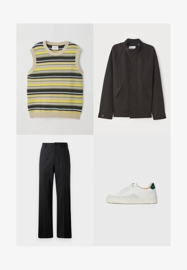 NN.07 SOPHUS - Veste mi-saison - black; Haut sans manches en tricot avec des rayures horizontales jaunes, vertes, brunes et bleues. Encolure ronde avec une bordure en côte beige. Tissu texturé.; Pantalon noir à jambes droites avec passants de ceinture, bouton avant et fermeture éclair, présenté sur un fond blanc uni.; Baskets blanches avec des accents en daim, bout arrondi, lacets plats et semelle en caoutchouc crème. Présente une marque verte sur le talon.