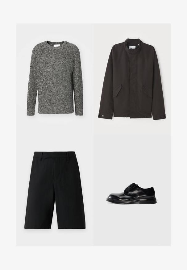 NN.07 SOPHUS - Lahka jakna - black; Siv svetar iz pletenine z okroglim izrezom in dolgimi rokavi. Ima teksturiran vzorec po celotni površini, sproščen kroj in rebraste manšete.; Črne kratke hlače do kolen, krojene, z zankami za pas, ravnim sprednjim delom in stranskimi žepi na enolični svetli ozadju.; Črna usnjena obutev za moške z zaobljenim nosom, gladko površino, vezalnim dizajnom in slojenim peto. Minimalističen stil brez vidnih logotipov.