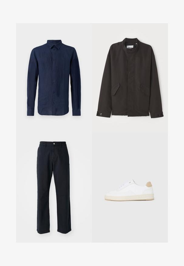 NN.07 SOPHUS - Ľahká bunda - black; Námornícky modrá košeľa s dlhým rukávom vyrobená z ľanového materiálu. Obsahuje klasický golier, predný gombíkový zapínanie a textúrovanú tkaninu s uvoľneným strihom.; Námornícky modré bavlnené nohavice so strihačom rovného strihu, s predným zapínaním na gombík a dvoma bočnými vreckami. Hladký povrch, žiadne viditeľné vzory.; Biele nízke tenisky s textúrovaným koženým zvrškom, krémovou drážkovanou podrážkou a akcentom v hnedej farbe na podpätku. Majú biele šnúrky a detail loga na päte.