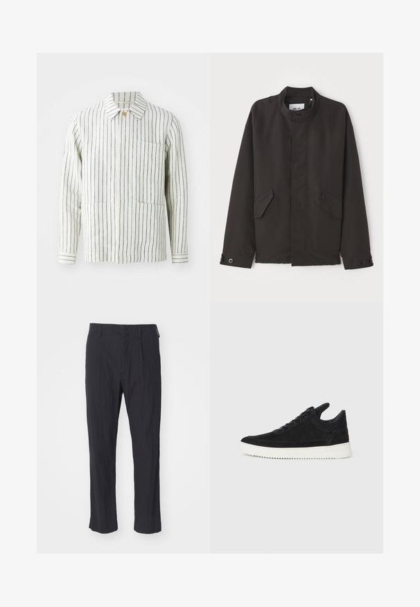 NN.07 SOPHUS - Giacca da mezza stagione - black; Giacca a righe in crema e blu navy, realizzata in tessuto leggero. Presenta un colletto, chiusura con bottoni e due tasche frontali.; Pantaloni neri plissettati con tessuto testurizzato, caratterizzati da un design a gamba dritta e una vita standard. Senza tasche visibili o componenti metallici.; Sneaker in suede nero con suola in gomma bianca, caratterizzato da cuciture tonali e design con lacci. Texture liscia con una forma moderna e aerodinamica.